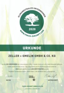 Per Urkunde dokumentiert: Zeller+Gmelin ist am Standort in Eislingen „Klimaneutrales Unternehmen 2020” (Quelle: Zeller+Gmelin)