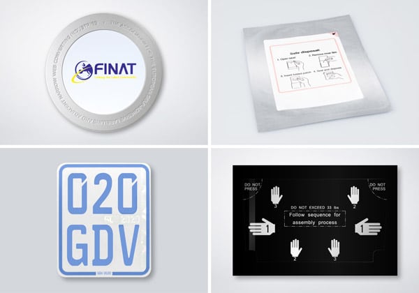 Neben dem PlasmaPatch wurden bei der Verleihung der FINAT-Awards auch das Patch-Safe (oben rechts), die Displayschutzfolie (unten rechts) und das Klebekennzeichen (unten links) prämiert (Quelle: Schreiner Group) 