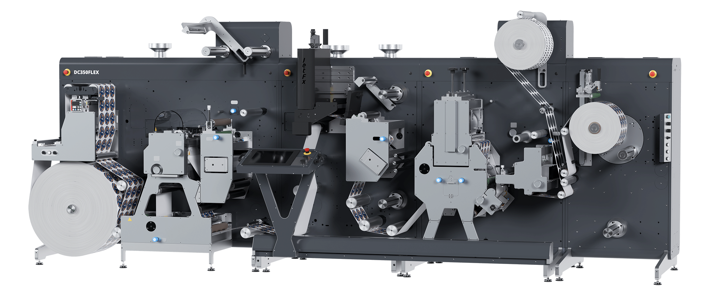 Das Herzstück des GM-Innovationsschaufensters wird eine DC350Flex+ Premium-Finishing-Linie mit Hochgeschwindigkeitsstanzung sein. Die Besucher können außerdem die kompakten GM DC350Mini und die ultrakompakten DC350Nano-Etikettenfinisher sowie die HF350-Heißfolieneinheit, den LC350-Laserfinisher und den CS350-Hochgeschwindigkeitsquerschneider erleben (Quelle: GM)