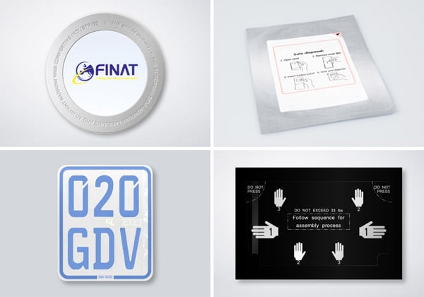 Neben dem PlasmaPatch wurden bei der Verleihung der FINAT-Awards auch das Patch-Safe (oben rechts), die Displayschutzfolie (unten rechts) und das Klebekennzeichen (unten links) prämiert (Quelle: Schreiner Group)